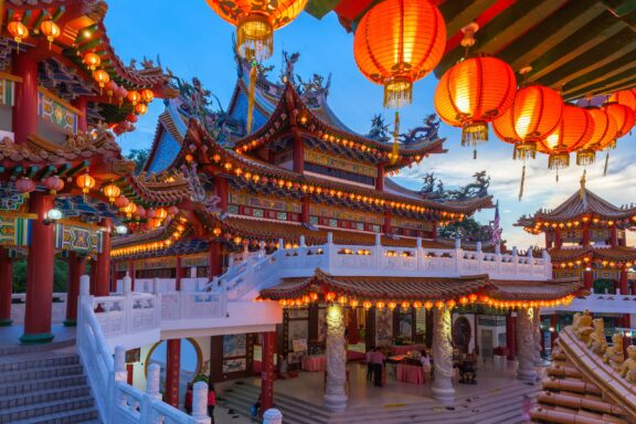 Evening View of Thean Hou Temple with Lanterns in Kuala Lumpur Thean Hou Temple, a prominent late 20th-century Chinese temple