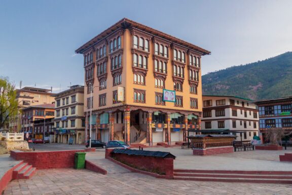 Traditional Bhutanese Architecture Building in Urban Setting Hotel Thimphu Tower in Clock Tower Square