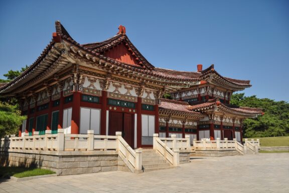 Traditional Korean-style Buildings under Blue Sky Tomb of King Tongmyong, honoring the founder of the ancient Goguryeo Kingdom