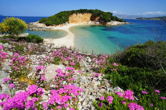 The Twin Islands in Albania’s Ksamil can be seen connected by a small sand bar on the Adriatic coast.