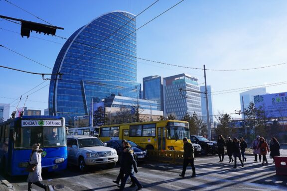 Cityscape of Ulaanbaatar with Modern Buildings and Public Transport Ulaanbaatar Central Business Districtroad