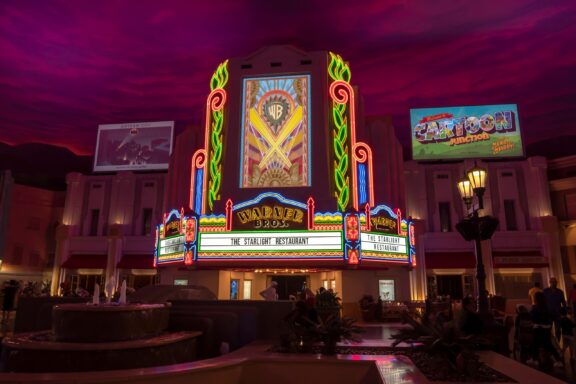 Warner Bros. Theme Park Entrance at Night Warner Bros. World Abu Dhabi, one of the world's largest indoor theme parks
