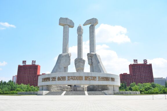 Monumental Sculpture with Hammer, Sickle, and Brush Pyongyang north korea may 31th 2019: monument to the