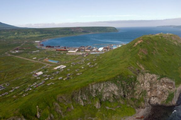 A helicopter view of the former site of Severo-Kurilsk before the 1952 tsunami. 