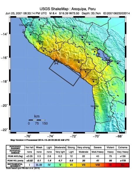 A color-coded, USGS ShakeMap of the 2001 earthquake in southern Peru.