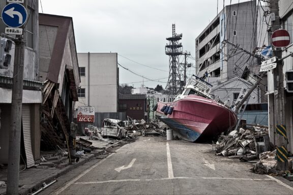 A ship sits on a street lined with damaged buildings in Fukushima, Japan in the aftermath of the 2011 earthquake and tsunami.