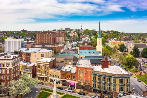 Downtown Cityscape of Macon, Georgia on a Sunny Day An aerial view of downtown Macon, Georgia in Bibb County.