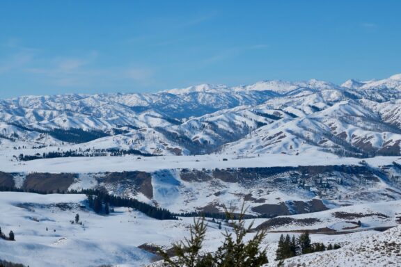 Snow-covered hills extend into the distance in Camas County, Idaho.