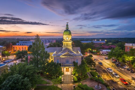 An aerial view of City Hall in Athens, Georgia just after sunset. 