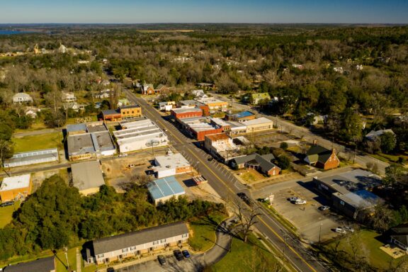 Aerial View of a Small Town with Buildings and Roads Surrounded by Trees An aerial view of Fort Gaines, the surrounding trees, and the horizon in the distance.