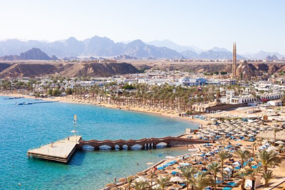 A view of resorts and umbrellas lining the Red Sea coast at Egypt’s Sharm el-Sheikh.