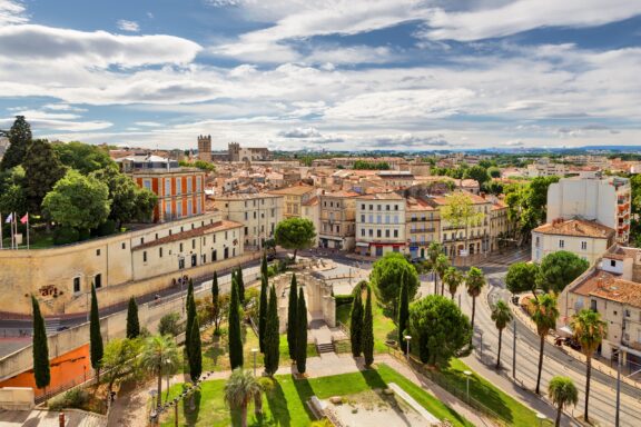 A view of the scenic old town in Montpellier, France.