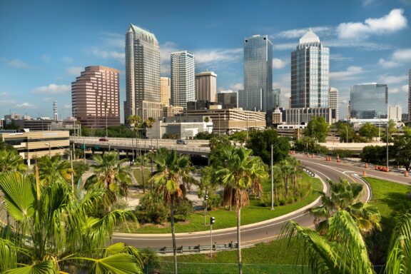 Downtown Tampa Skyline with Palm Trees and Clear Blue Sky A view of downtown Tampa’s skyline in Hillsborough County, Florida.