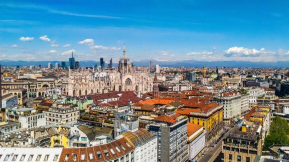 A view of the skyline in the center of Milan in Italy on a sunny day.