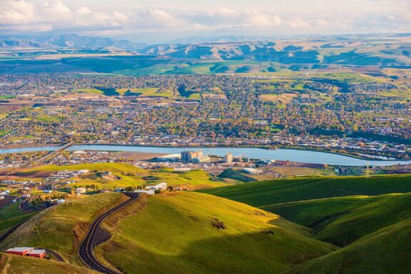 A view of the Snake River and the surrounding landscape as it passes through Lewiston, Idaho.