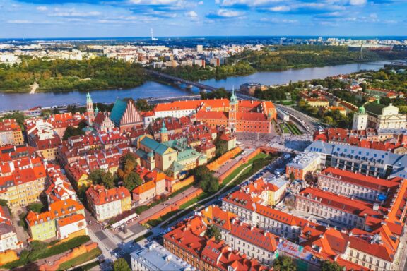 An aerial view of the historic old town in Warsaw, Poland.