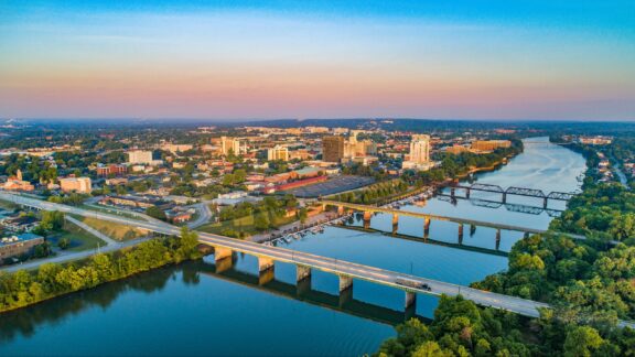 Aerial View of Augusta, Georgia Skyline at Dusk An aerial view of the Savannah River as it passes through Augusta, Georgia.