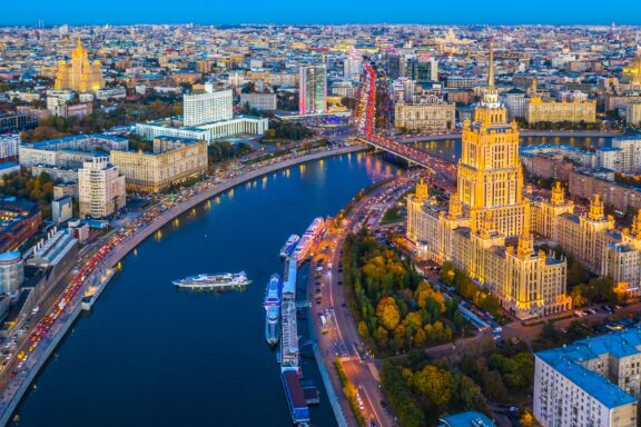 An aerial view of the Moskva River as it passes through downtown Moscow, Russia.