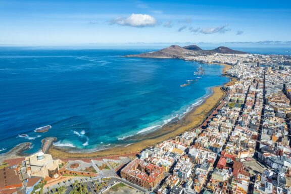 An aerial view of the beach and city of Las Palmas on the Spanish island of Gran Canaria.