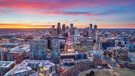 An aerial view of the skyline of Denver, Colorado in the United States.