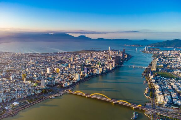 An aerial view of the city of Da Nang and the sea in Vietnam, one of the most visited countries by digital nomads.