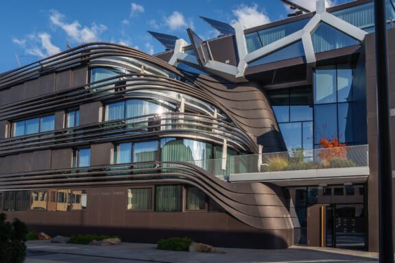 Modern Architectural Building with Solar Panels The Active Energy Building, a testament to Vaduz's transformation into a modern, eco-conscious city