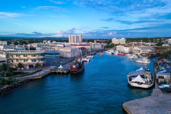 Cityscape of Bridgetown and the blue waters teeming with vessels