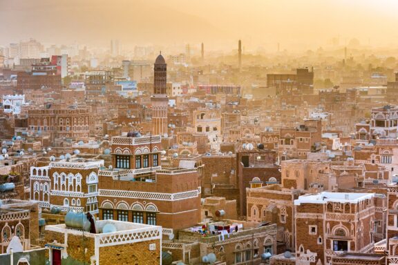 Aerial View of Sana'a at Sunset The landscape of the City of Sana'a