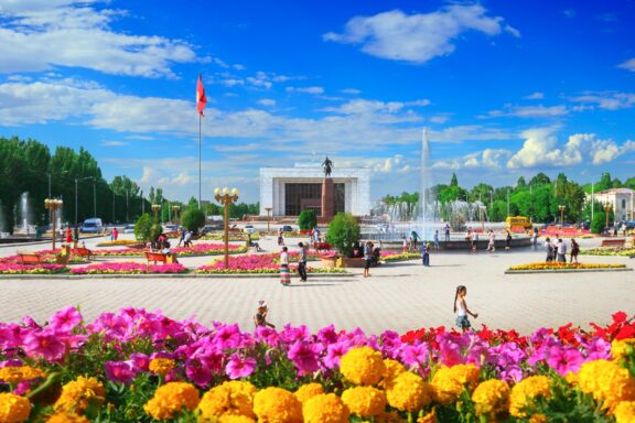 Colorful Ala-Too Square with Flowers and Fountains Ala-Too Square, a central gathering place for public events and demonstrations