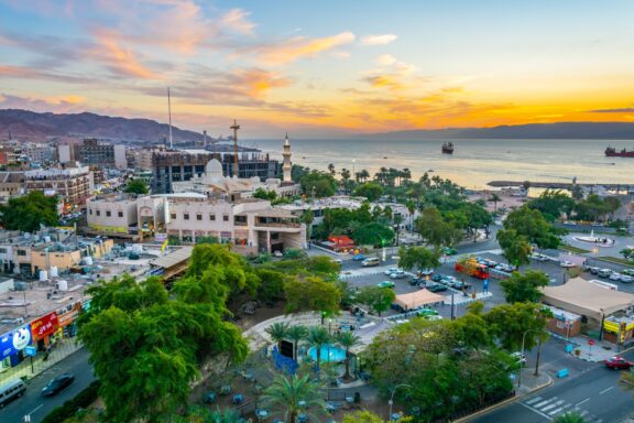 A view of the sunset over water from Aqaba, Jordan.