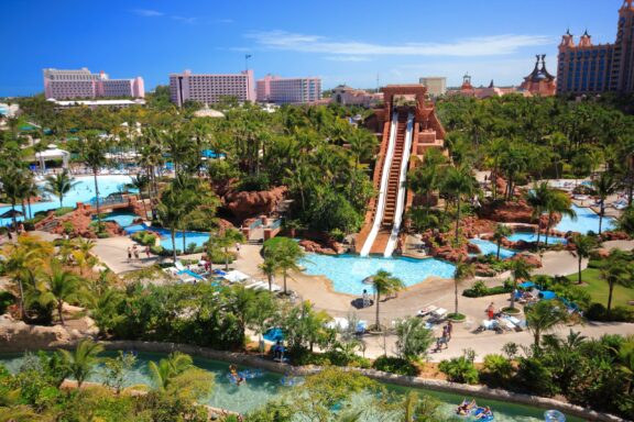Tropical Resort with Water Slides and Pools Mayan Temple Waterslide in the Atlantis Resort, one of the resort's most iconic slides