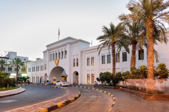 Dawn at Bab Al Bahrain with Palm Trees Bab Al Bahrain, a historic gateway established in 1949