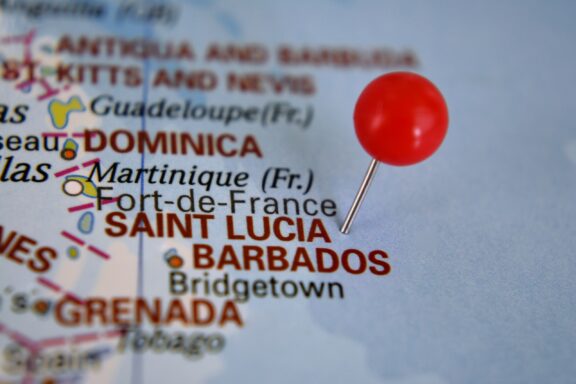 Pin marked barbados island and saint lucia on map caribbean