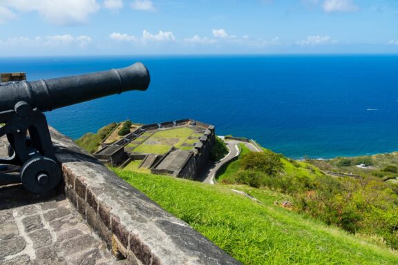 Cannon Overlooking Historic Coastal Fortress Brimstone Hill Fortress, one of the best-preserved historical fortifications in the Americas