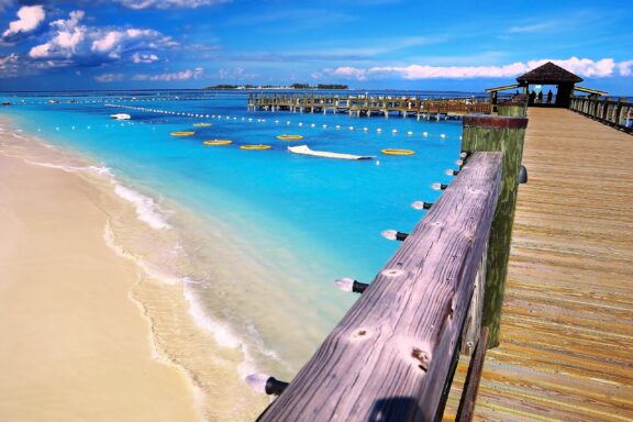 Tropical Beach Pier View Cable Beach, known for its golden sands and turquoise waters