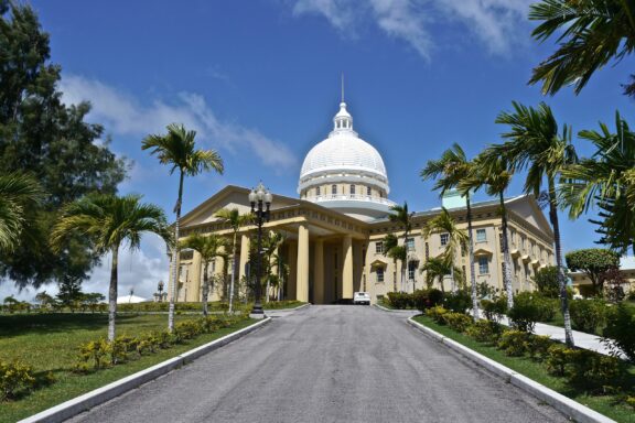 Capitol Building Facade on a Sunny Day Capital Building at Ngerulmud, completed in 2006