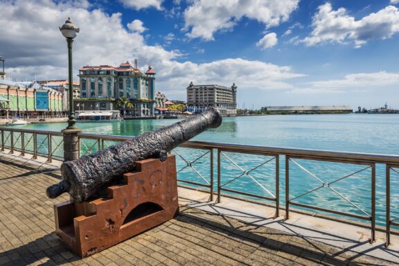 Caudan Waterfront, a popular gathering spot along the harbor