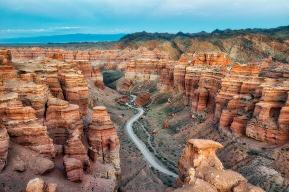 An aerial view of a road passing through Charyn Canyon in Kazakhstan.