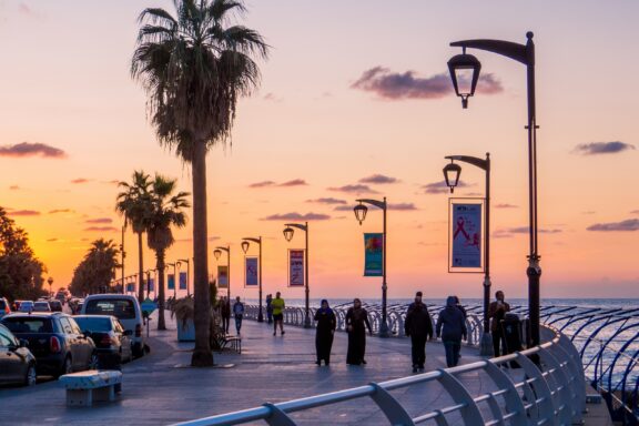 Sunset at Beirut Corniche Promenade Corniche Beirut, a popular seafront promenade, offering views of the Mediterranean Sea