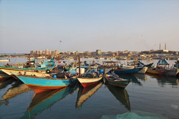 Fishing boats sit in the Red Sea at Hodeida, Yemen.