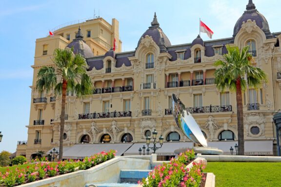 Exterior View of Hotel de Paris in Monaco Hôtel de Paris, established in 1863, an iconic luxury hotel synonymous with opulence