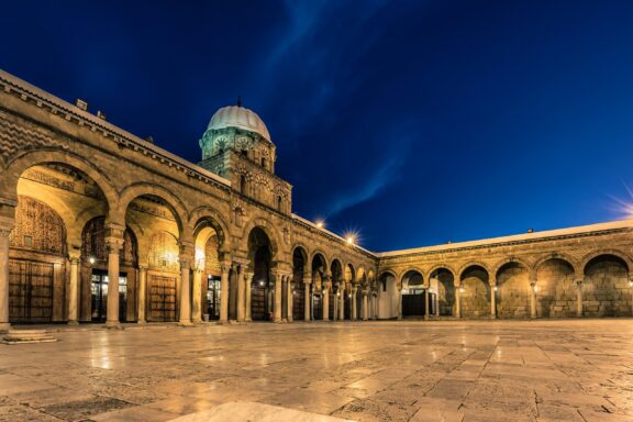 Evening View of Zitouna Mosque Courtyard Interior of Zaytuna Mosque, a center for religious scholarship for centuries