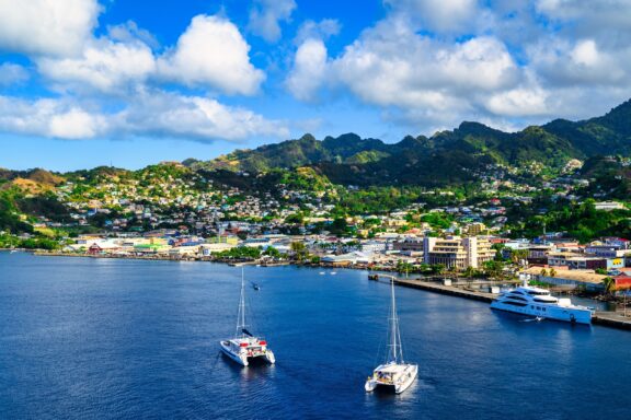Coastal Town with Boats and Hills Landscape of Kingstown