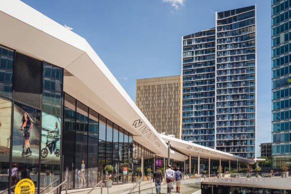 Modern Urban Landscape with Buildings and Pedestrians Kirchberg District in Luxembourg City, symbolizing Luxembourg's role in modern European governance