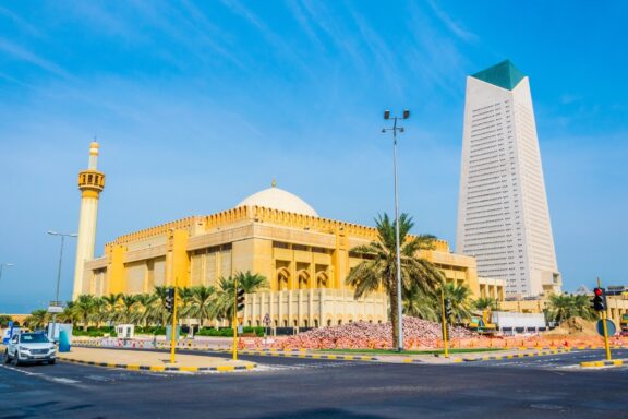 Grand Mosque and Skyscraper in Kuwait City The Grand Mosque, the largest mosque in Kuwait