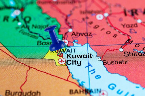 Location of Kuwait City, situated along the shores of the Persian Gulf