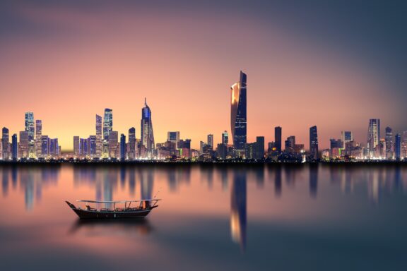 Kuwait City Skyline at Twilight with Boat Sunset over Kuwait City's skyline