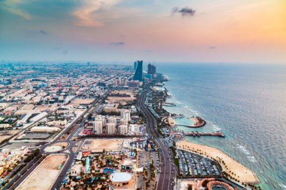 A south-facing, aerial view of the Jeddah coastline in Saudi Arabia, the largest of the Red Sea countries.