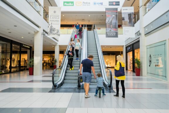 Shoppers in a Mall with Escalators Locals shopping at Delta City, Podgorica's major retail hub