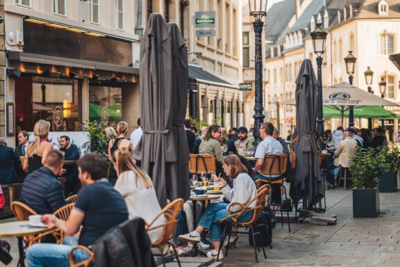 Outdoor Cafe Scene in Luxembourg City Everyday atmosphere in the city of Luxembourg, mirroring its diverse population